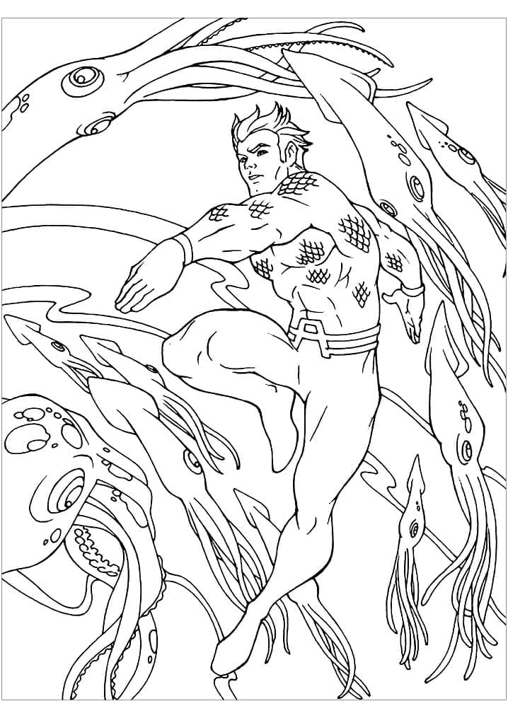 Desenho de Aquaman e Lulas para Colorir