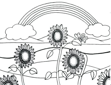 Desenho de Lindos girassóis com Arco íris para Colorir