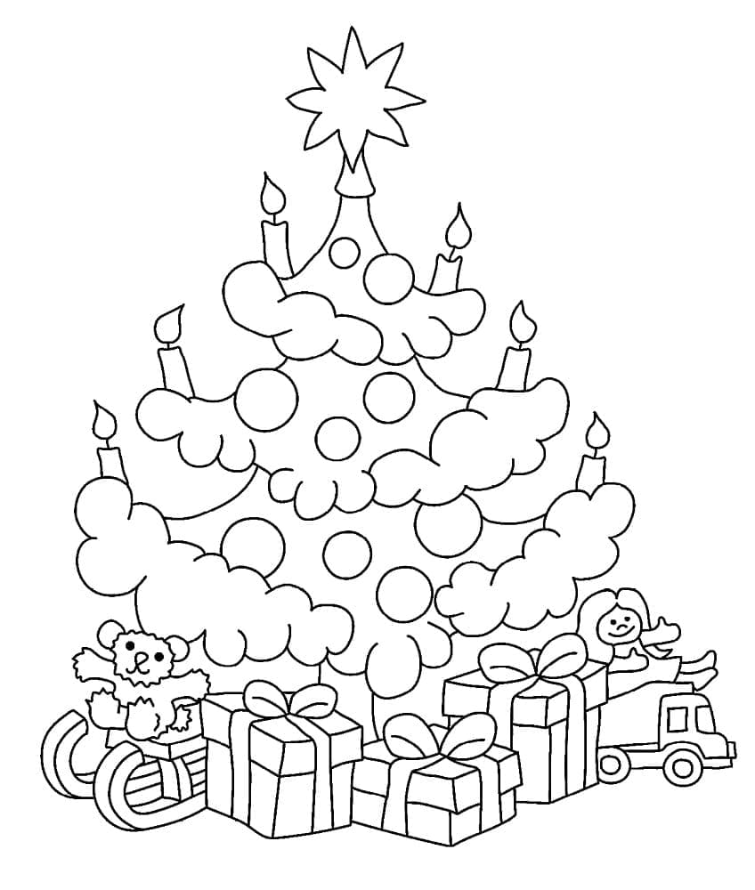 Desenho de Árvore de Natal com Presentes para Colorir