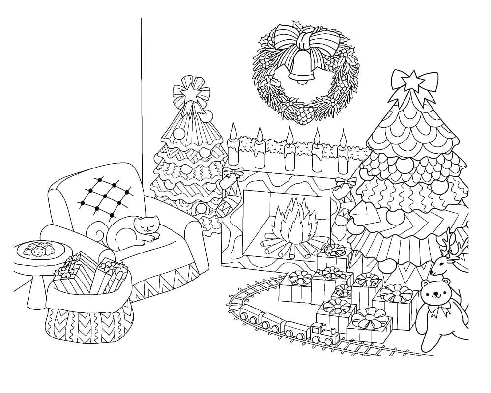 Desenho de Árvore de Natal e Lareira para Colorir