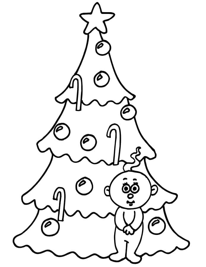 Desenho de Bebê e Árvore de Natal para Colorir