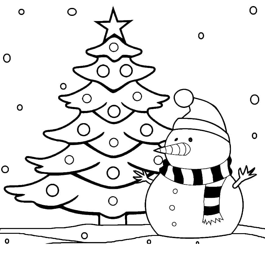 Desenho de Boneco de Neve e Árvore de Natal para Colorir