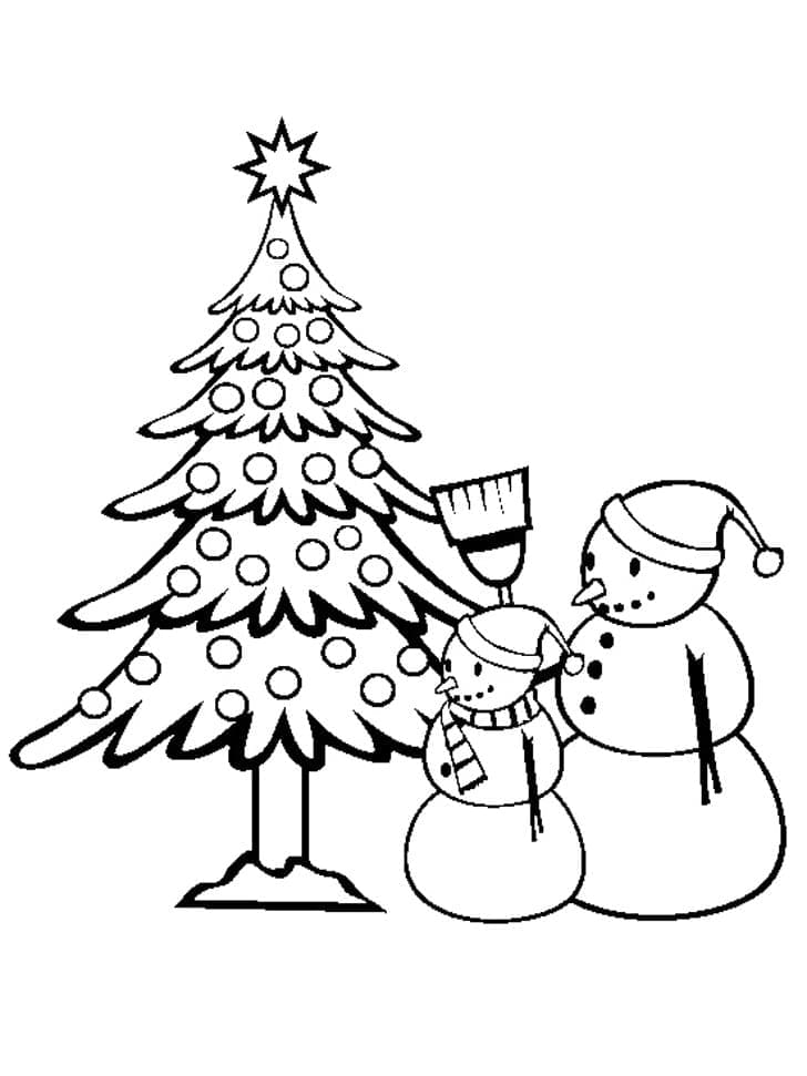 Desenho de Bonecos de Neve e Árvore de Natal para Colorir