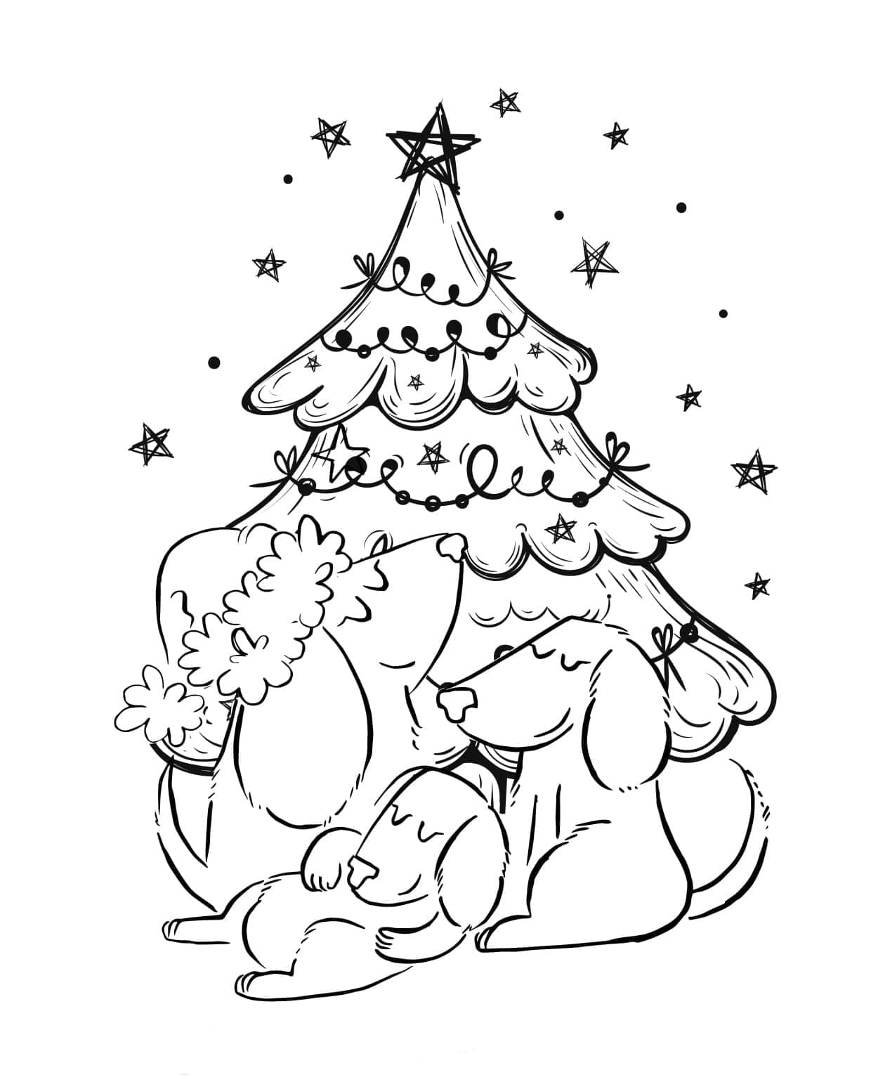 Desenho de Cachorros e Árvore de Natal para Colorir