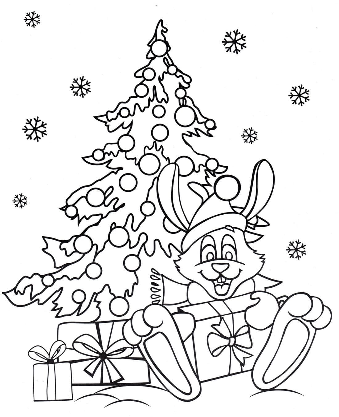 Desenho de Coelho e Árvore de Natal para Colorir