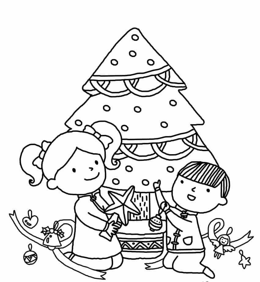 Desenho de Crianças e Árvore de Natal para Colorir