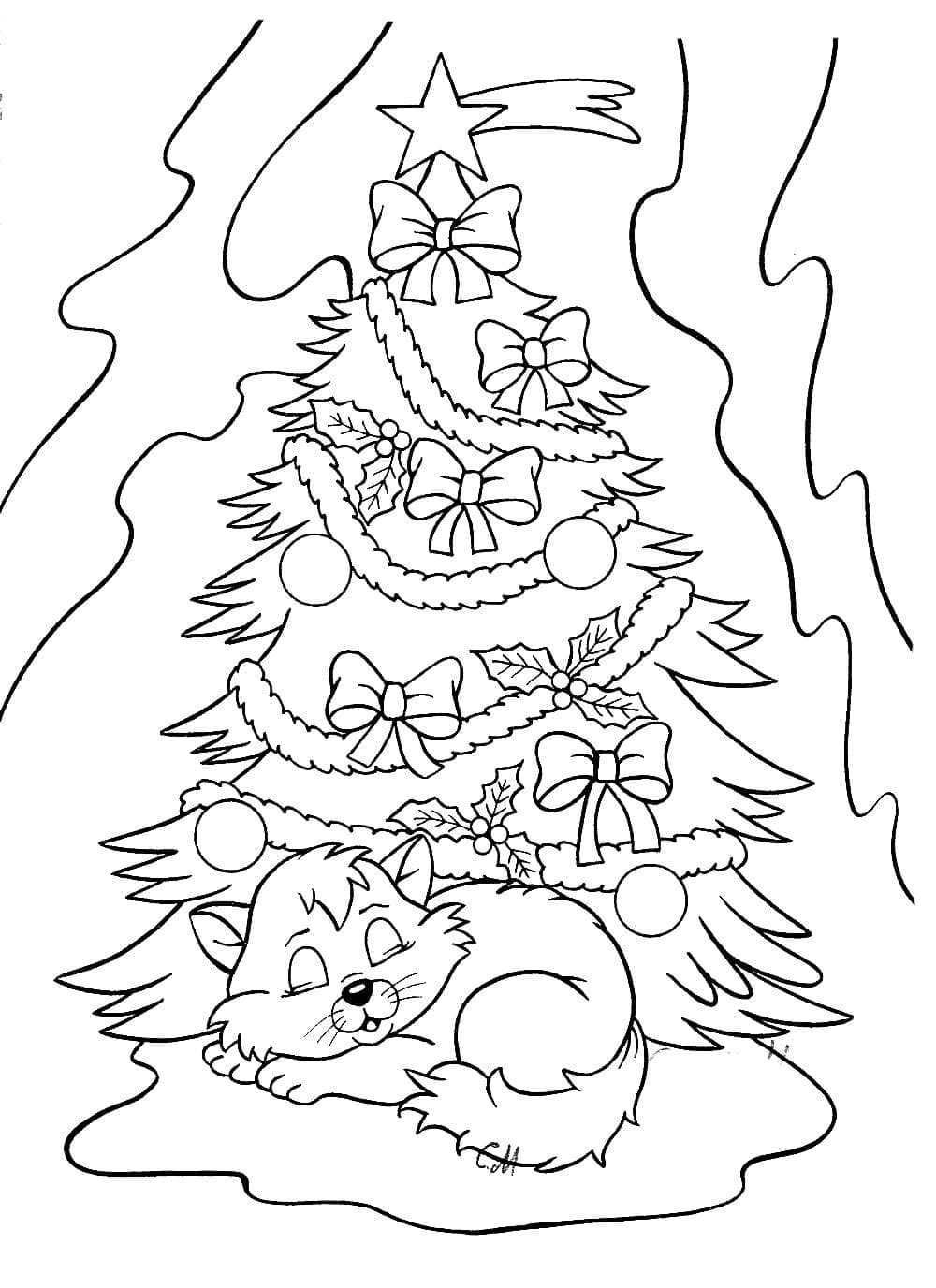 Desenho de Gato e Árvore de Natal para Colorir
