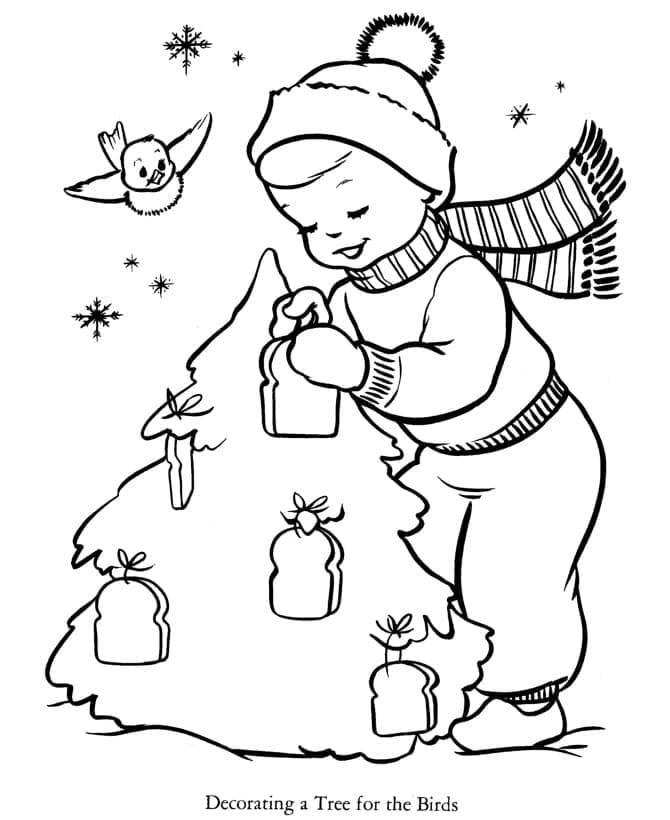 Desenho de Menino e Árvore de Natal para Colorir