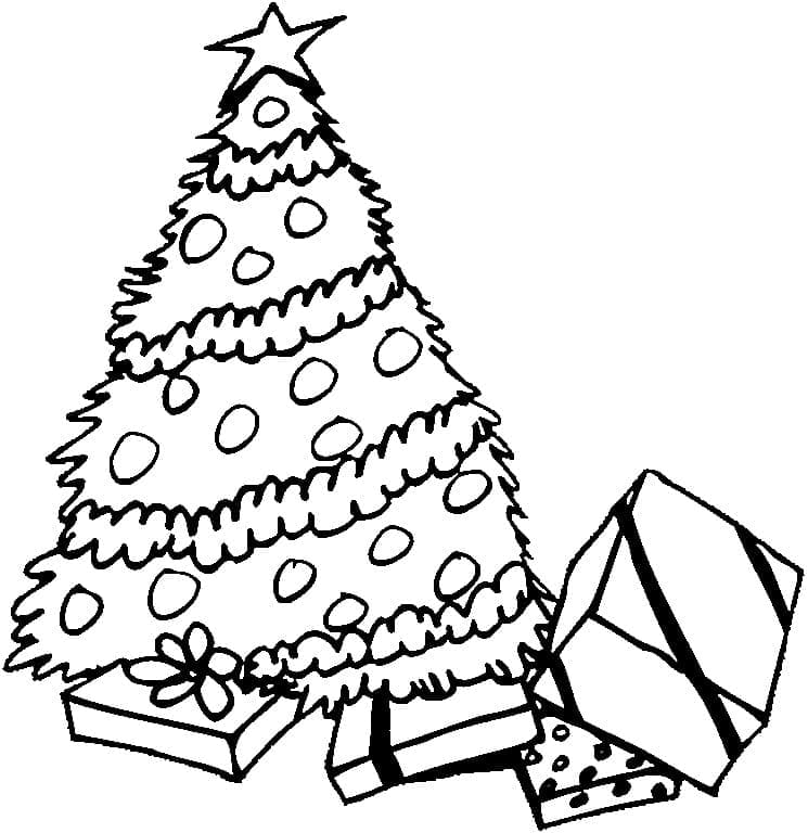 Desenho de Presentes com Árvore de Natal para Colorir