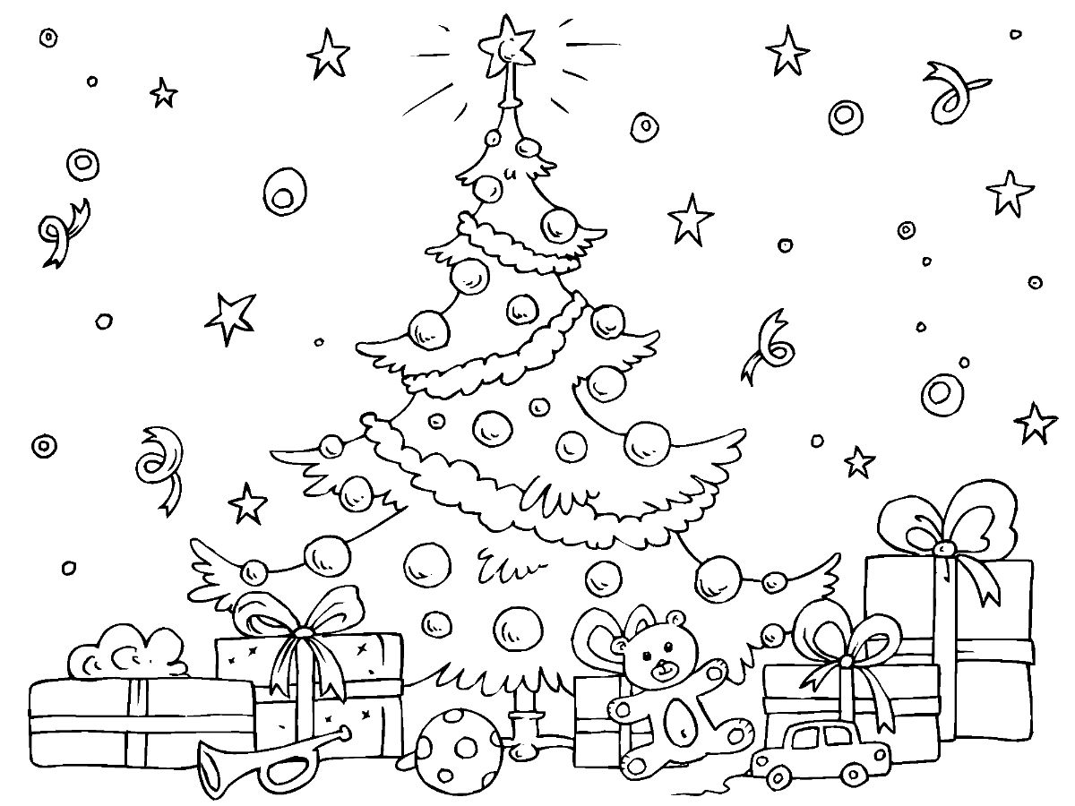 Desenho Árvore de Natal com Presentes e Brinquedos para Colorir