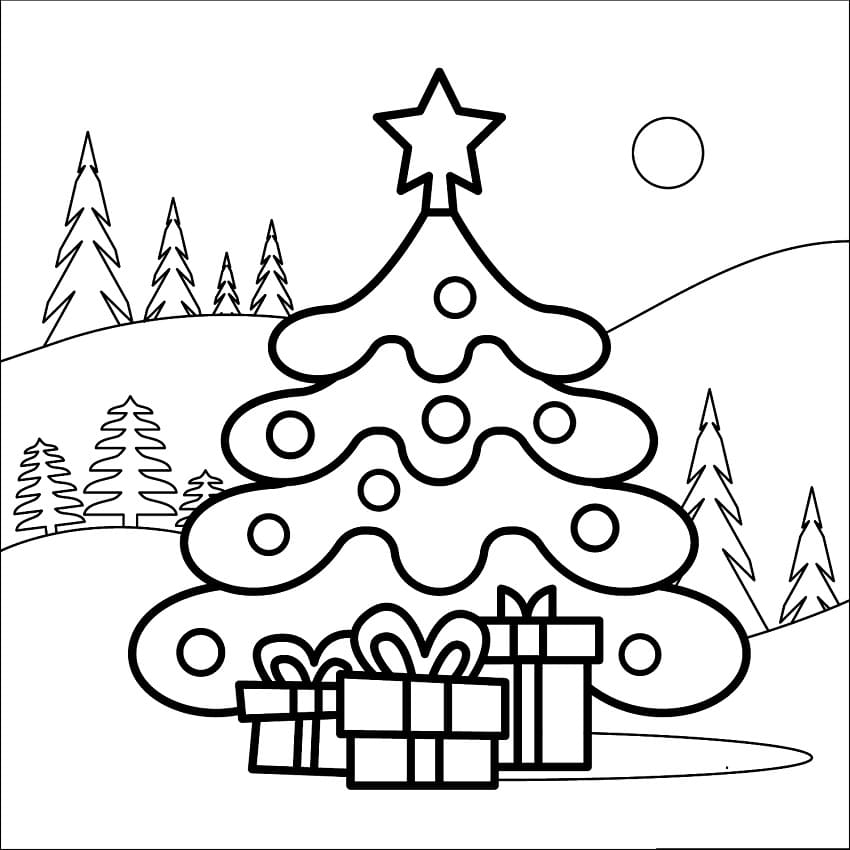 Desenho Árvore de Natal com Três Presentes para Colorir