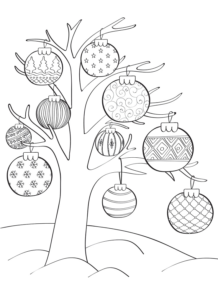 Desenho de Árvore de Natal com Enfeites para Pintar Grátis