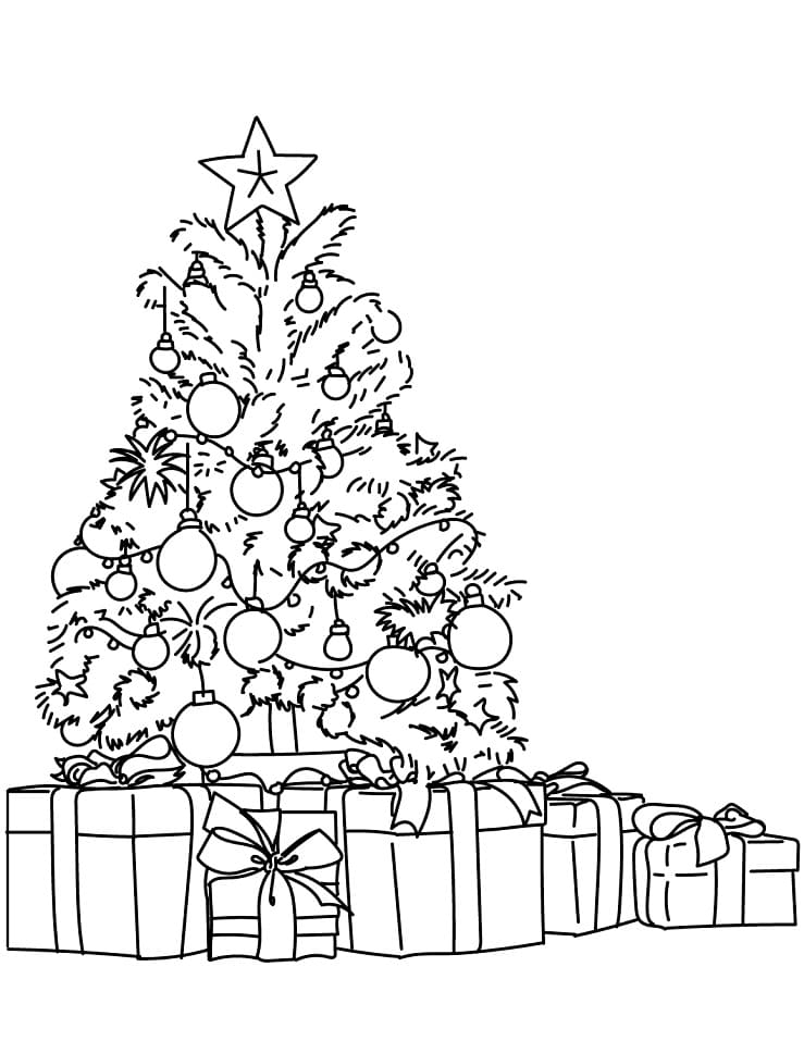 Desenho de Árvore de Natal com Muitos Presentes para Crianças para para Colorir