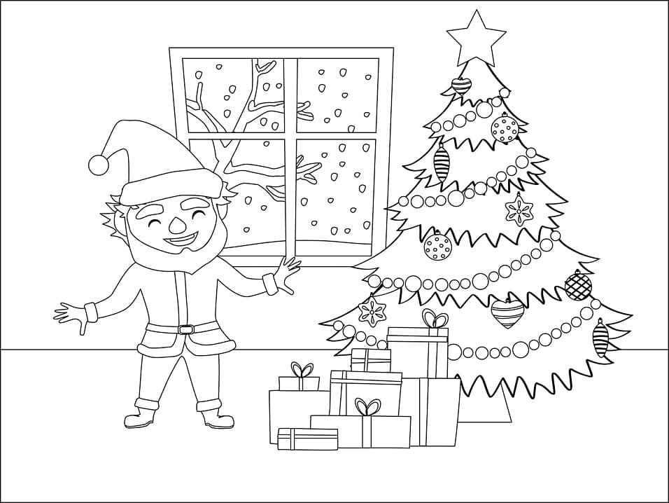 Desenho de Elfo Montando Árvore de Natal para Colorir