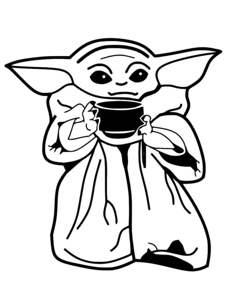 Desenho de Baby Yoda Bebendo Chã para Colorir