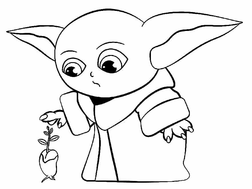 Desenho de Baby Yoda Cuidando de Plantá para Colorir