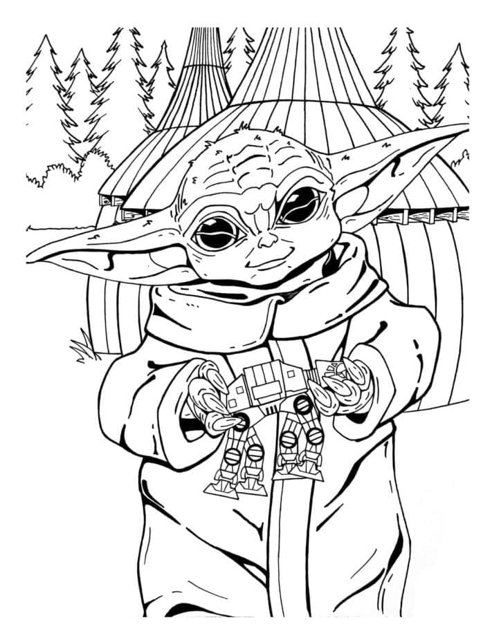 Desenho de Baby Yoda em Aventurá na Floresta para Colorir