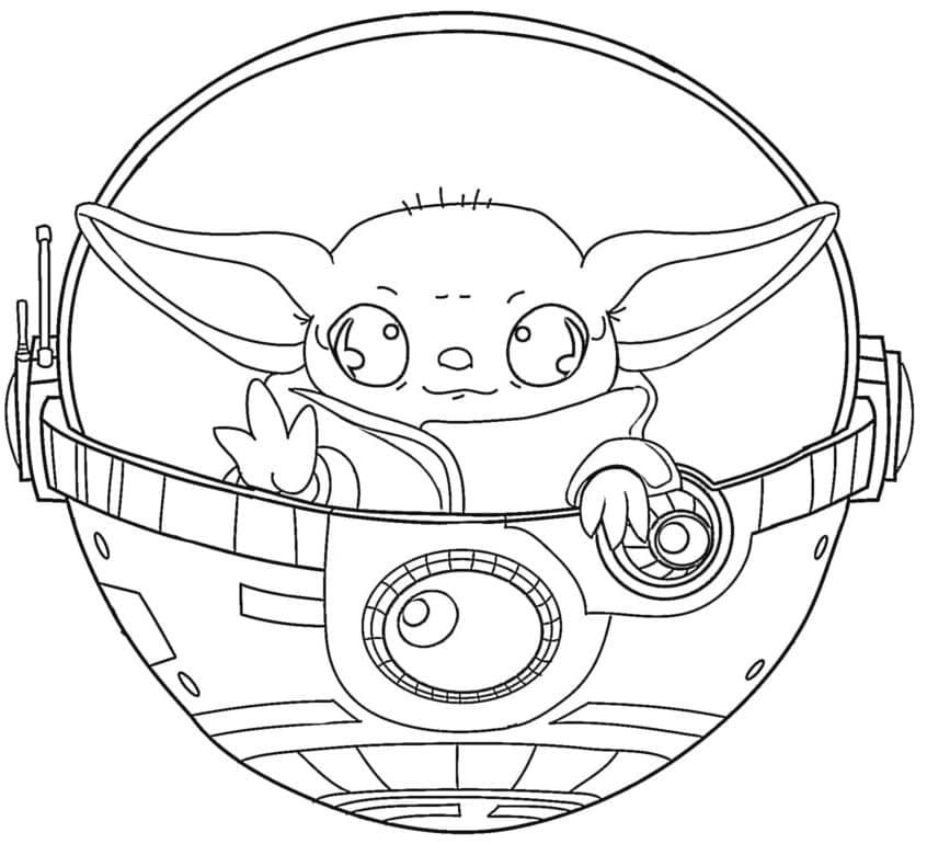 Desenho de Baby Yoda em Nave Espacial para Colorir