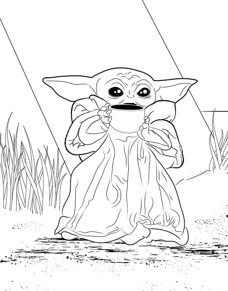 Desenho de Baby Yoda em Passeio no Campo para Colorir