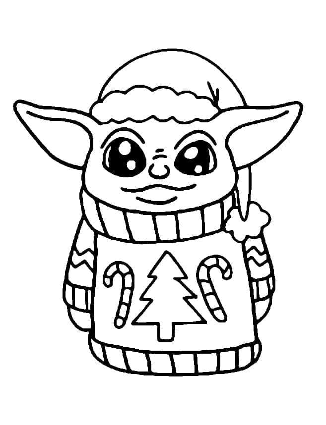 Desenho de Baby Yoda no Natal para Colorir