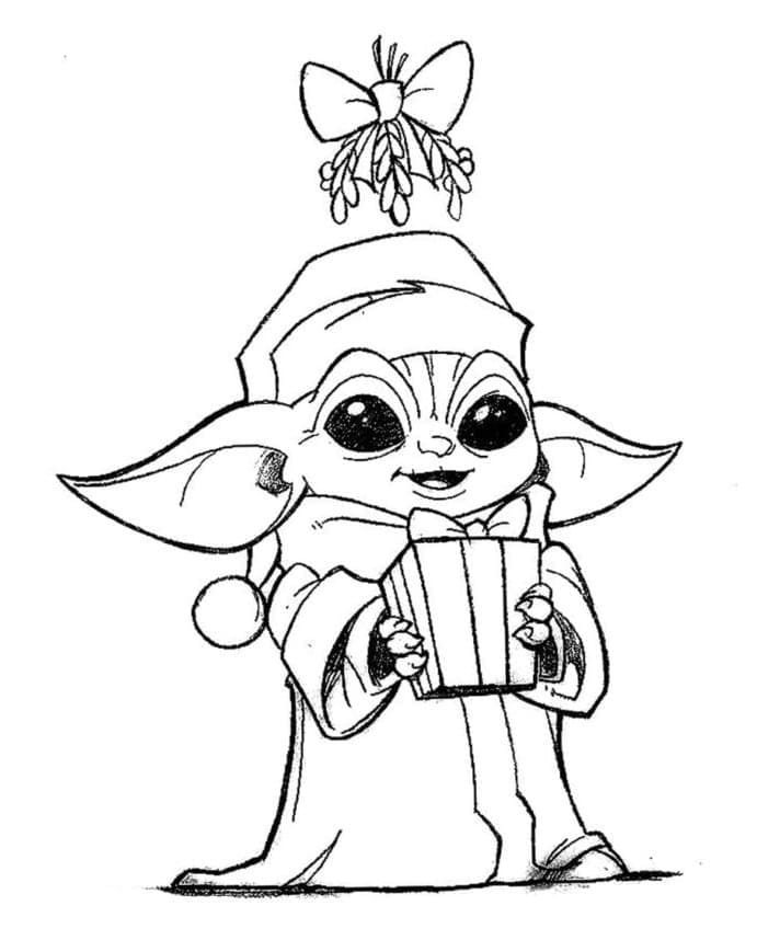 Desenho de Baby Yoda Roupa de Natal para Colorir