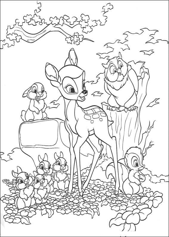 Desenho de Bambi e Animais para Colorir