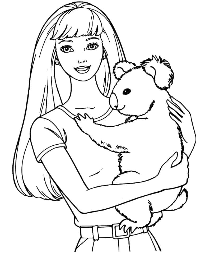 Desenho Barbie abraçando Coala para Colorir e Imprimir