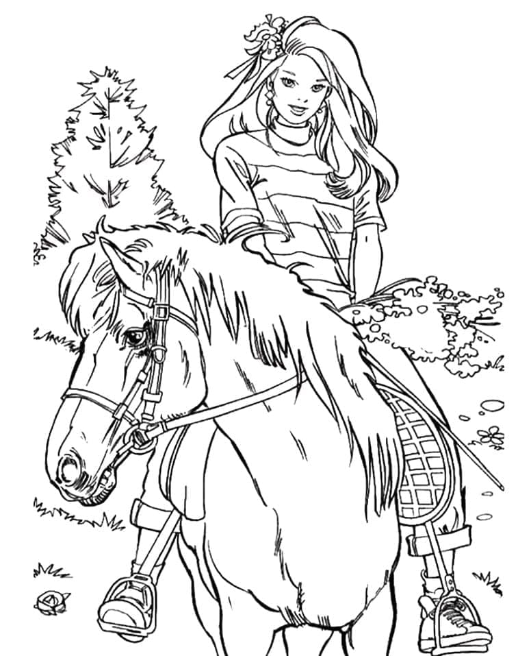 Desenho Barbie Andando a Cavalo para Colorir e Imprimir