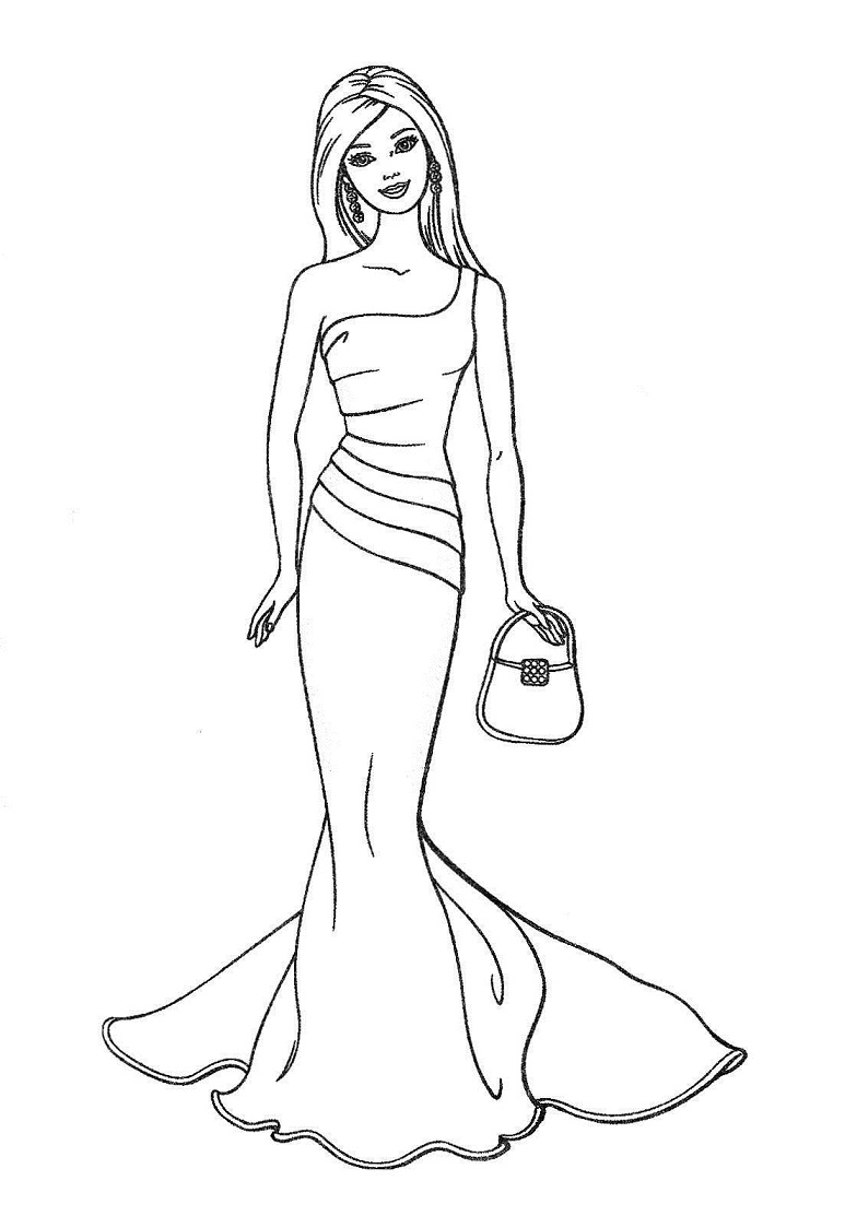 Desenho Barbie com Bolsa e Vestido para Colorir e Imprimir