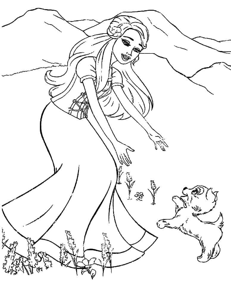 Desenho Barbie com Cachorro na Montanha para Colorir e Imprimir