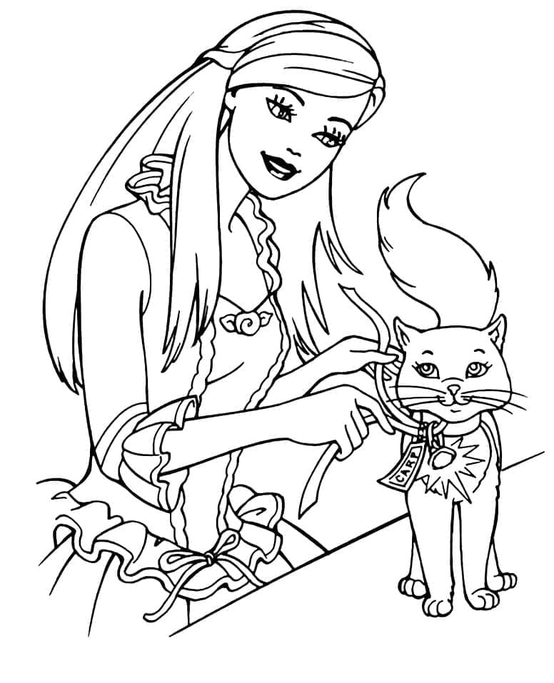 Desenho Barbie com Gatinha e Ursinho para Colorir e Imprimir