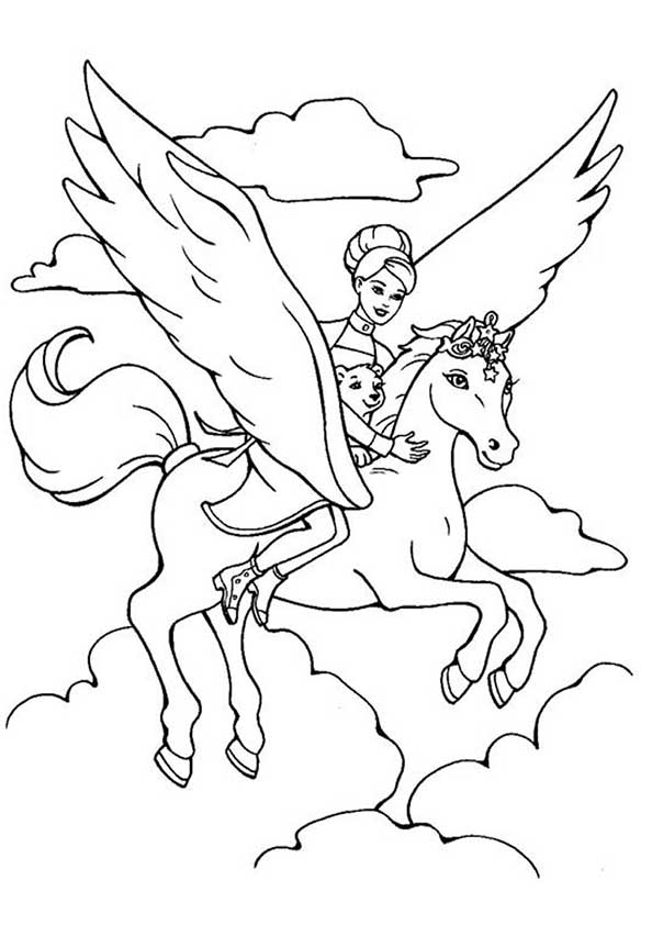 Desenho Barbie com Pegaso mágico para Colorir e Imprimir