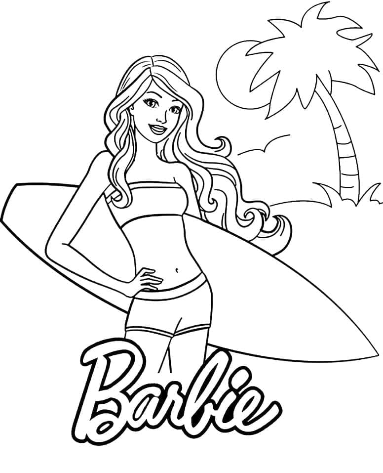 Desenho Barbie com Prancha de Surf para Colorir e Imprimir