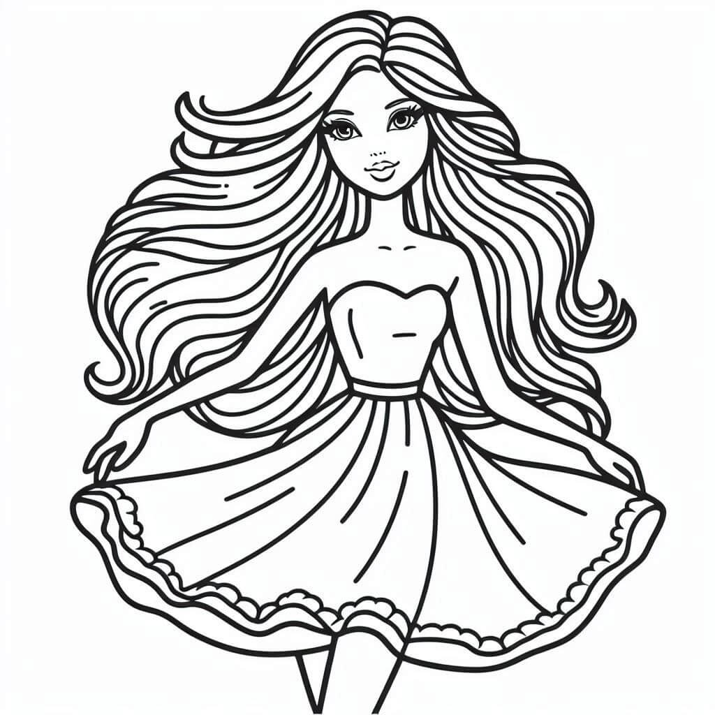 Desenho Barbie com Vestido Rodado para Colorir e Imprimir