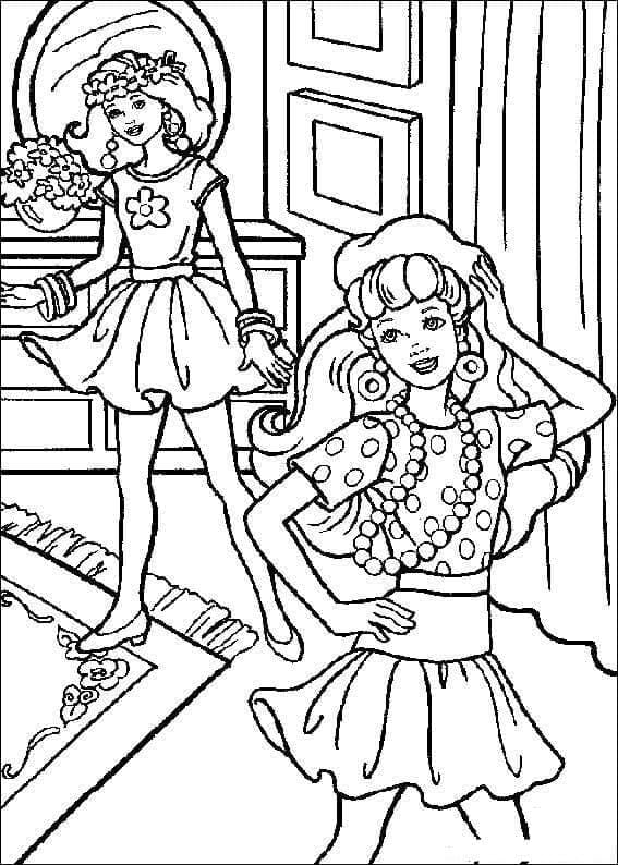 Desenho Barbie e amigá no Quarto para Colorir e Imprimir