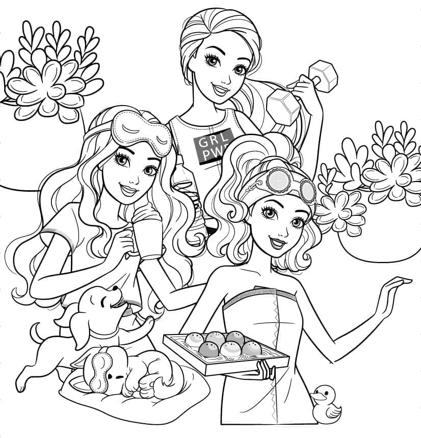 Desenho Barbie e Amigas com Flores para Colorir e Imprimir