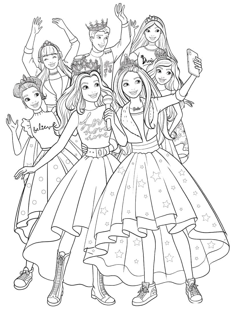 Desenho Barbie e Princesas Reunidas para Colorir e Imprimir