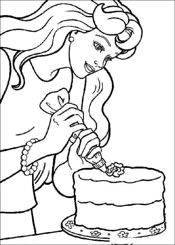 Desenho Barbie Fazendo Bolo na Cozinha para Colorir e Imprimir