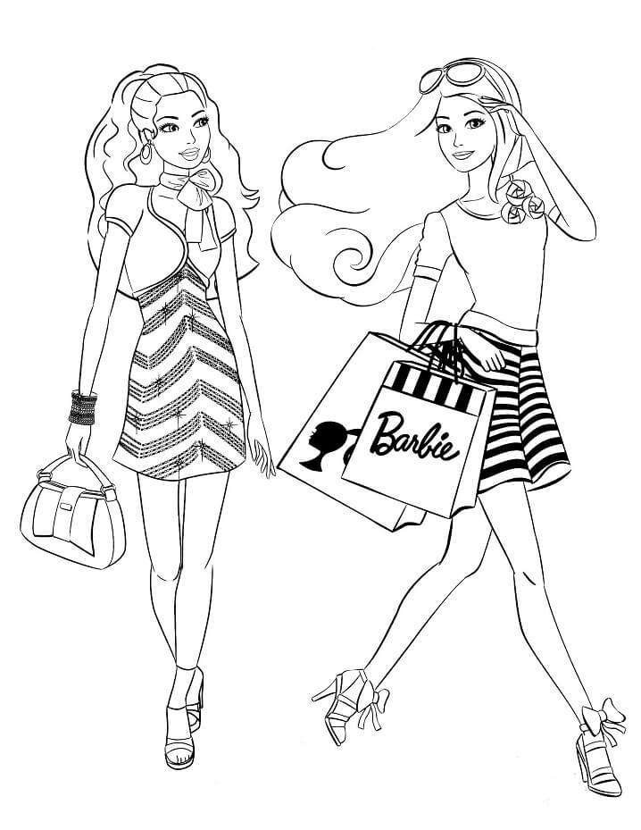 Desenho Barbie Fazendo Compras com amigá para Colorir e Imprimir