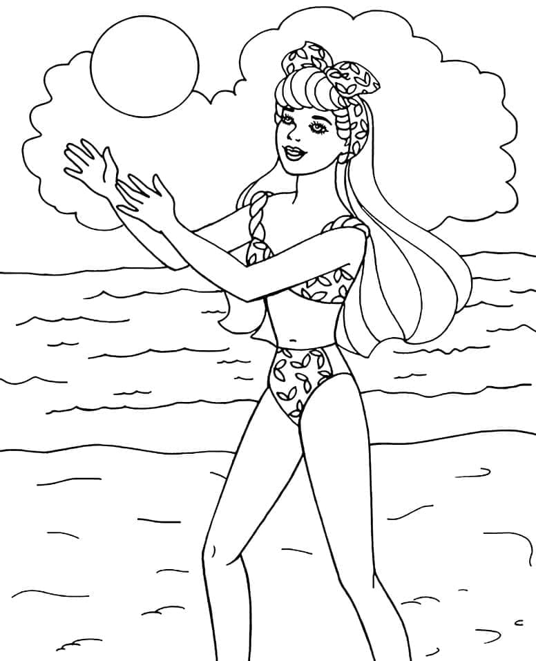 Desenho Barbie Jogando vôlei na Praia para Colorir e Imprimir