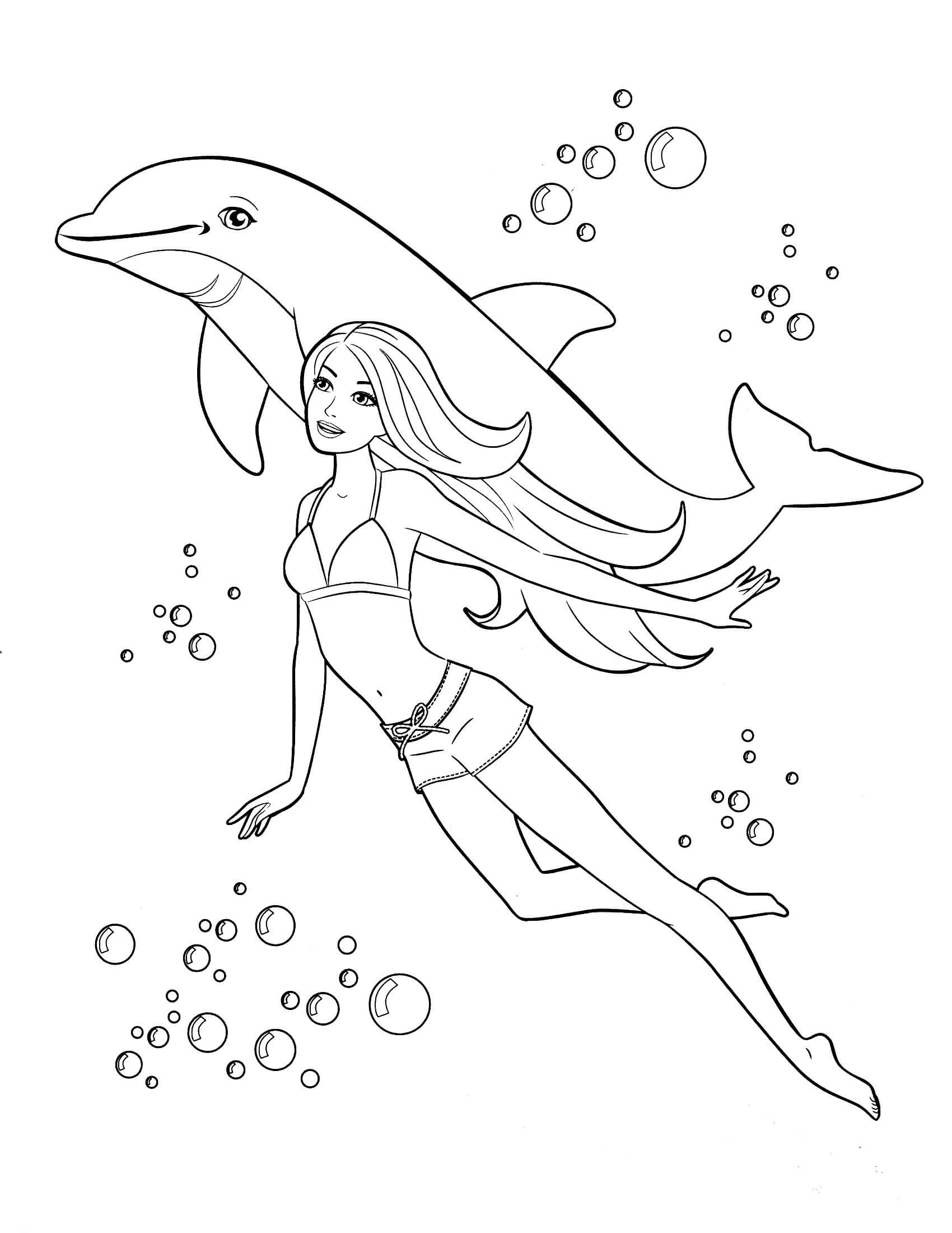 Desenho Barbie Mergulhando com Golfinho para Colorir e Imprimir
