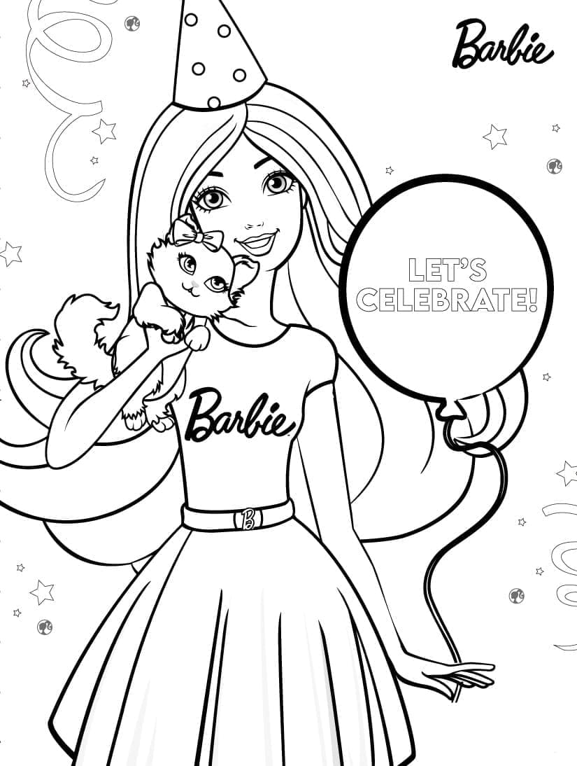 Desenho Barbie no aniversário com balão para Colorir e Imprimir