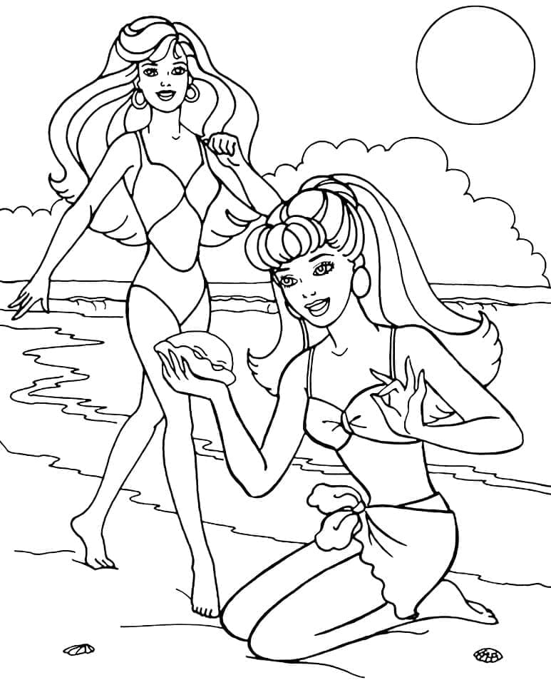Desenho Barbie no verão com amigá para Colorir e Imprimir