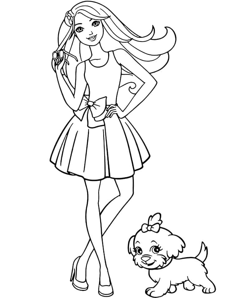 Desenho Barbie Passeando com Cachorrinho para Colorir e Imprimir