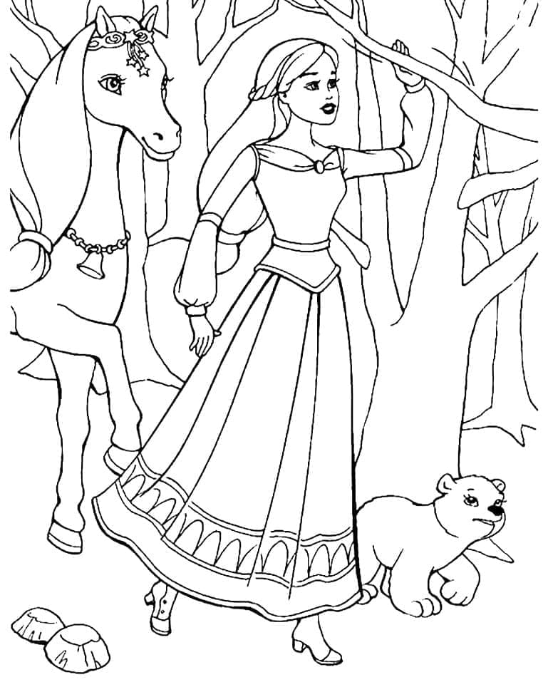 Desenho Barbie Princesa na Floresta para Colorir e Imprimir