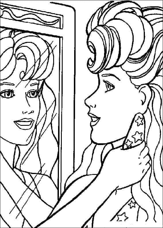 Desenho Barbie sê Maquiando no Espelho para Colorir e Imprimir