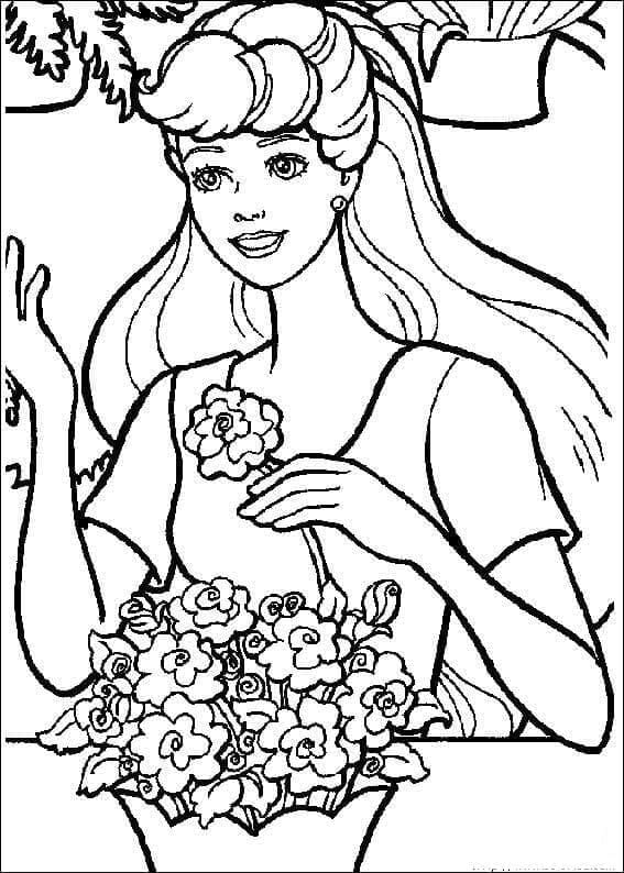Desenho Barbie Segurando Buque de Flores para Colorir e Imprimir