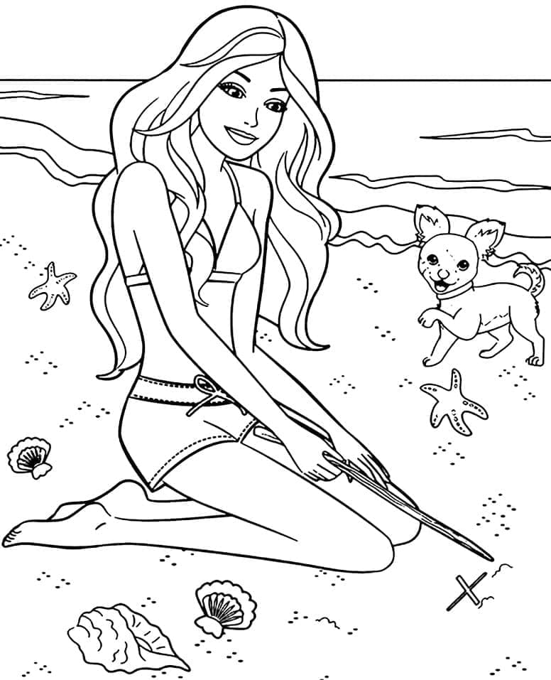 Desenho Barbie Sentada na Praia para Colorir e Imprimir