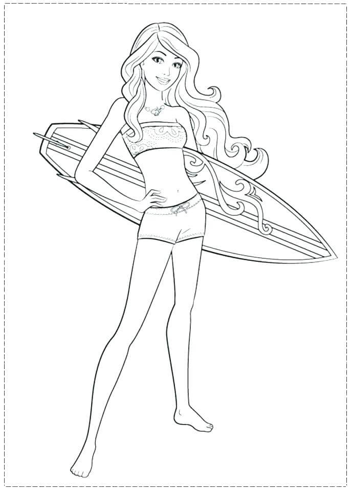 Desenho Barbie Surfista com Prancha para Colorir e Imprimir