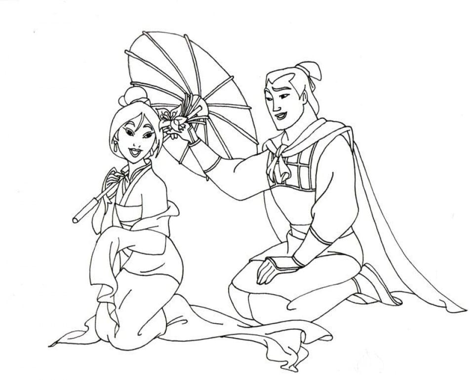 Desenho Li Shang e Mulan com guardá Sol para Colorir e Imprimir